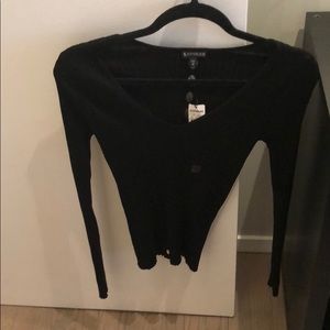 Deep Black v-neck with fun skits up arm and back